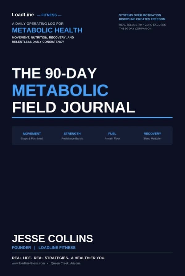 Cover of The 90-Day Metabolic Field Journal by Jesse Collins: white and blue title text on a dark navy background